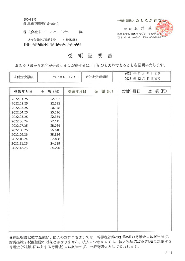 寄付式自動販売機　あしなが育英会様への寄付2022年