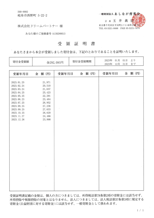 寄付式自動販売機　あしなが育英会様への寄付2023年